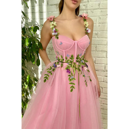 Spaghetti Straps Sweetheart 3d Appliques Pink Prom Dress with Pockets