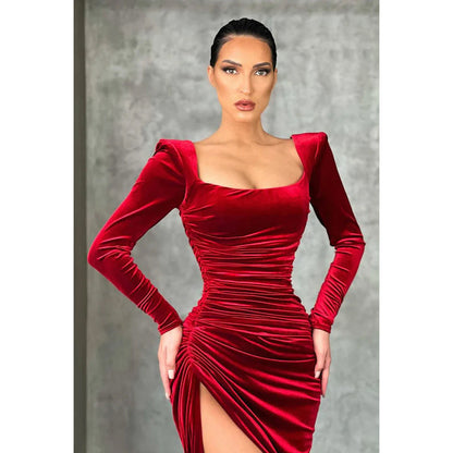 Square Neck Long Sleeves Ruched Velvet Sheath Prom Evening Gown