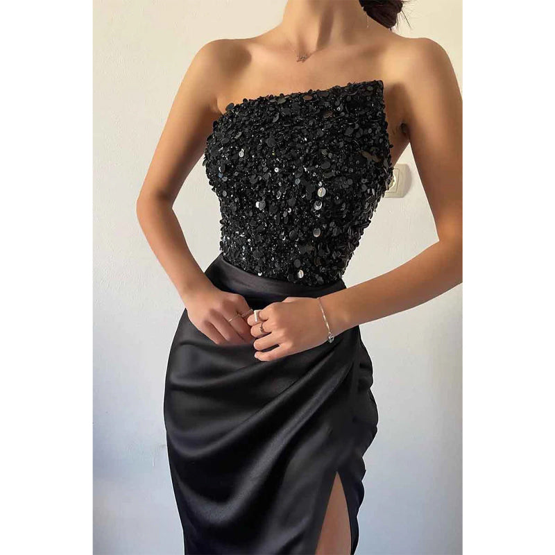 Strapless Sequins Top Black Long Prom Party Dress with Slit