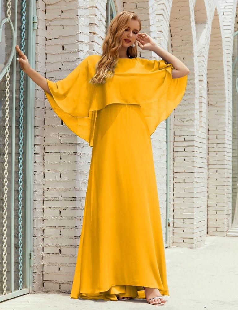 Numbersea Bridesmaid Dress Women Long Sleeve V-Neck Chiffon Formal Wedding Party 28018 Mustard