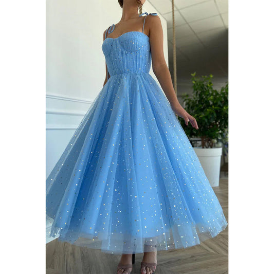 Spaghetti Straps Sequined Tulle Pleated Prom Dress Tea Length