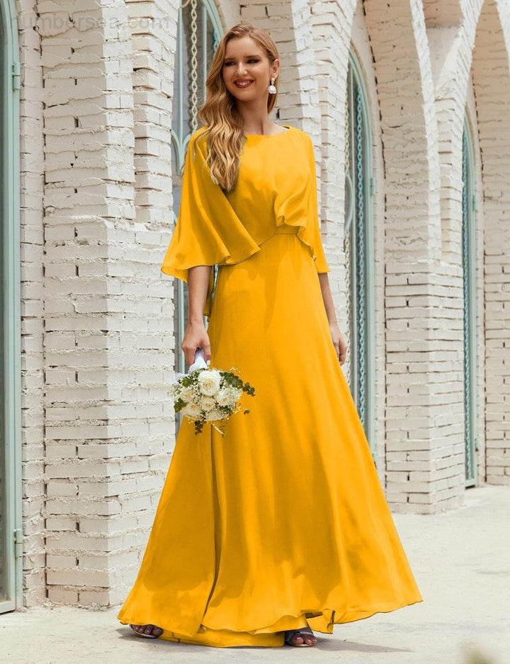 Numbersea Bridesmaid Dress Women Long Sleeve V-Neck Chiffon Formal Wedding Party 28018