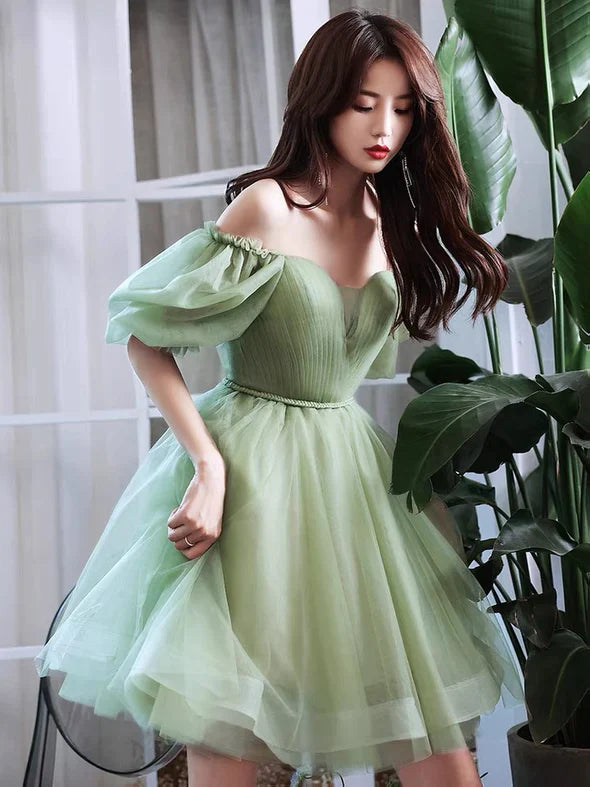 Light Green Tulle Knee Length Off Shoulder Party Dress Prom Dress, Green Homecoming Dress