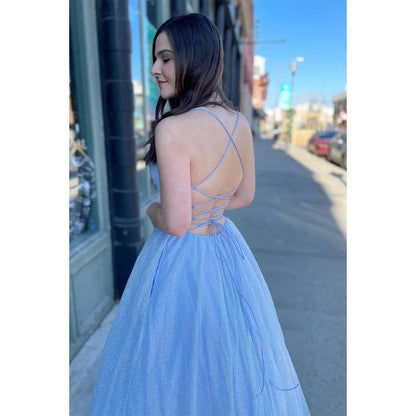 Plunging V-neck Sky Blue Sparkly Prom Dress