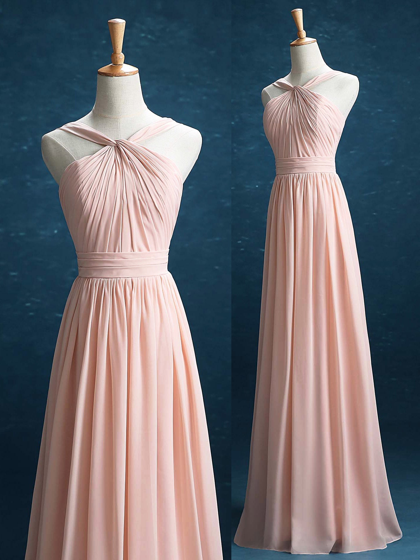 NumberSea - Chiffon Bridesmaid Dress A - Line Princess Double Straps Halter - neck Floor - length