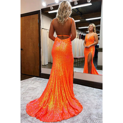 Spaghetti Straps Orange Sequins Appliques Long Prom Dress with Slit