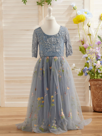 Sage Scoop Neck Cloth Surface and Tulle Flower Girl Dress (2003227581)