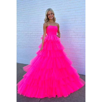 Strapless Hot Pink A-Line Tulle Long Prom Gown