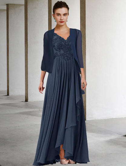 Two Piece A-Line Mother of the Bride Dress Plus Size Elegant High Low V Neck Asymmetrical Floor Length Chiffon Lace Half Sleeve Wrap Included Jacket Dresses with Pleats Appliques