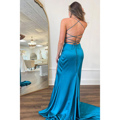 Sheath Mermaid Blue Satin Straps Long Prom Evening Gowns with Train