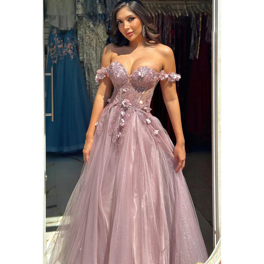 Elegant & Luxurious Appliques A-Line Off-Shoulder Cap Sleeves Tulle Party Prom Dress