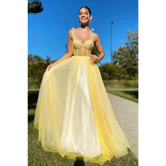 Spaghetti Straps Sweetheart Yellow Tulle Long Prom Dress