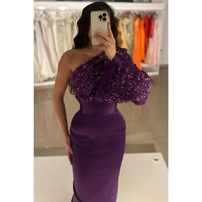 Purple One Shoulder Sequins Long Prom Dress Evening Gowns