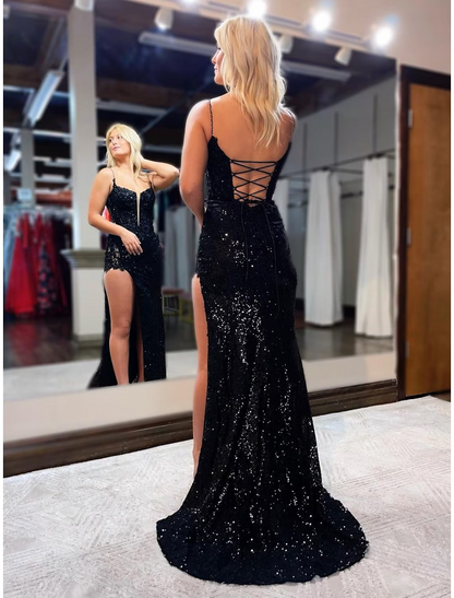 Mermaid / Trumpet Prom Dresses Sparkle & Shine Dress Formal Sweep / Brush Train Sleeveless Spaghetti Strap Sequined Backless with Beading Sequin Slit