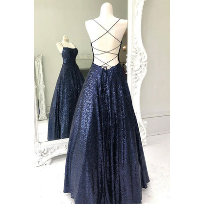 Unique Scoop Navy Sequins Sparkly Prom Dress