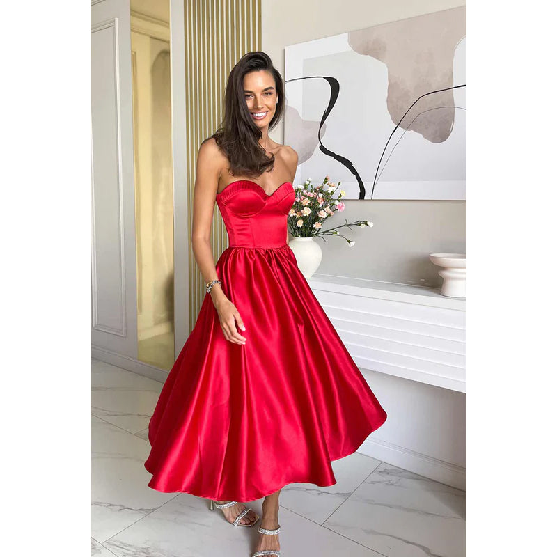 Simple Sweetheart Sleeveless Ruched Satin A-Line Midi Evening Party Dress