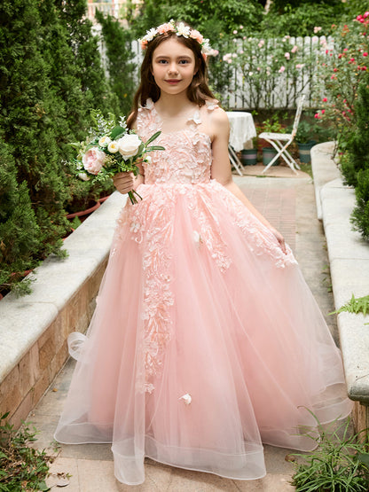 Pink Princess Ball Gown for Girls with Lace Appliqués