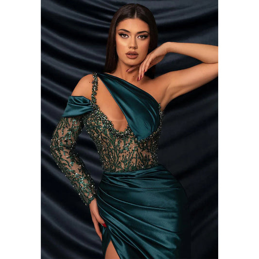 Sexy & Fitted One Shoulder Beaded Sheer Pleats Green Long Formal Dress