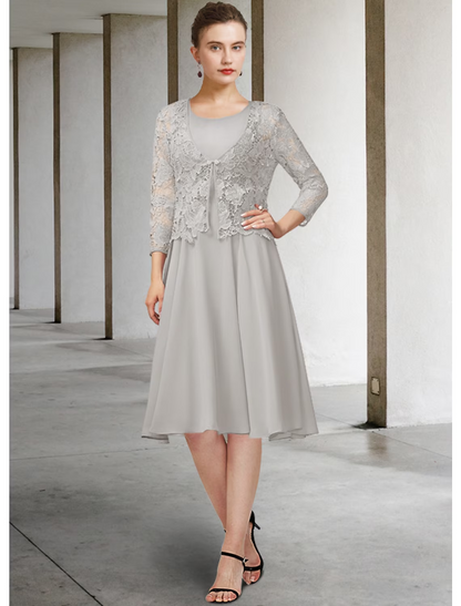 Two Piece A-Line Mother of the Bride Dress Elegant Jewel Neck Knee Length Chiffon Lace 3/4 Length Sleeve with Bow(s) Appliques