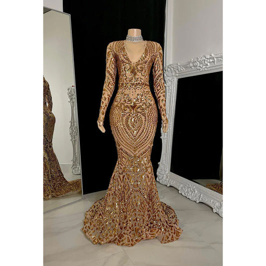 Trumpet/Mermaid V-Neck Sequined Long Sleeves Prom Evening Dress