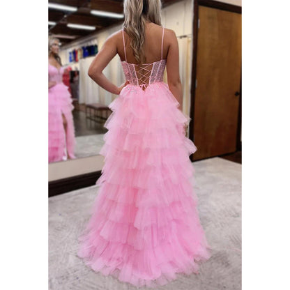 Tulle A-line Sweetheart Spaghetti Straps Appliques with Side Slitparty Prom Evening Dress