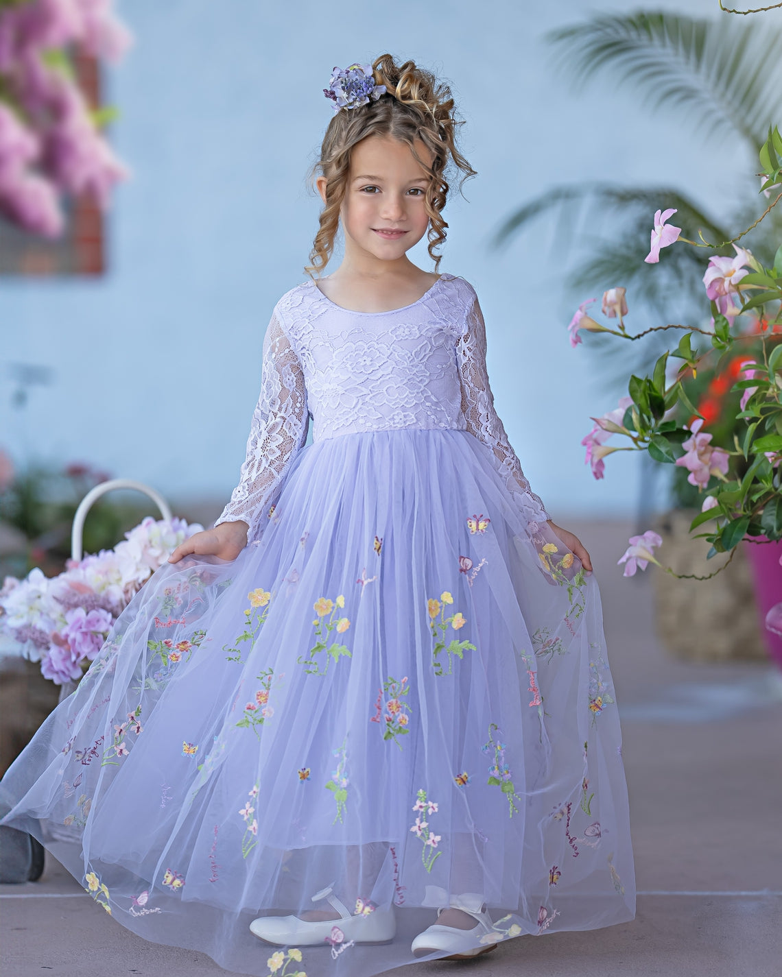 Floral Lace Embroidered Tulle A-Line Floor Length Garden Flower Girl Dress