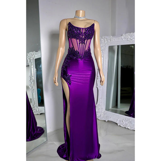 Elegant & Luxurious Scoop Sleeveless Sheath Side Slit Lace Evening Prom Dress