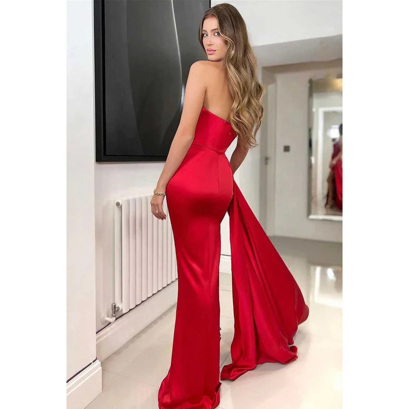 Strapless Pleated Ruched Satin Long Prom Evening Dress With Slit