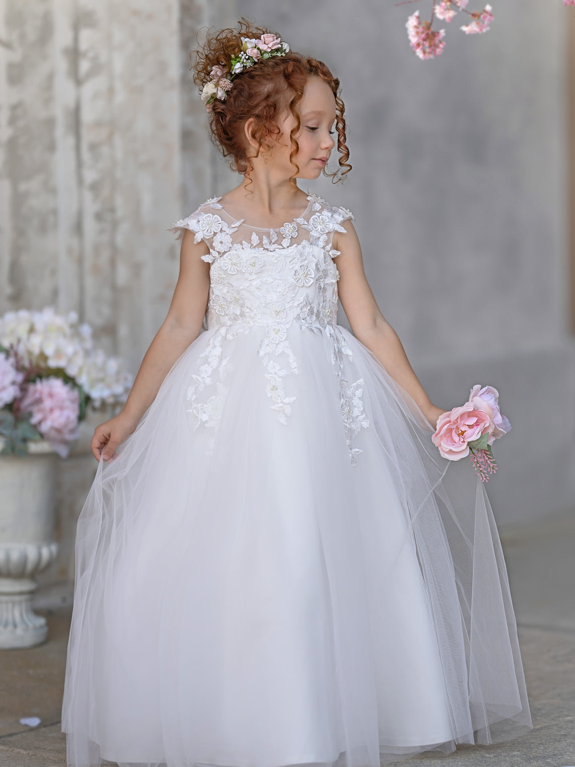 Ivory Princess Gown with Lace Appliques and Tulle Bow | Short Sleeve Ankle-Length Tulle Flower Girl Dress