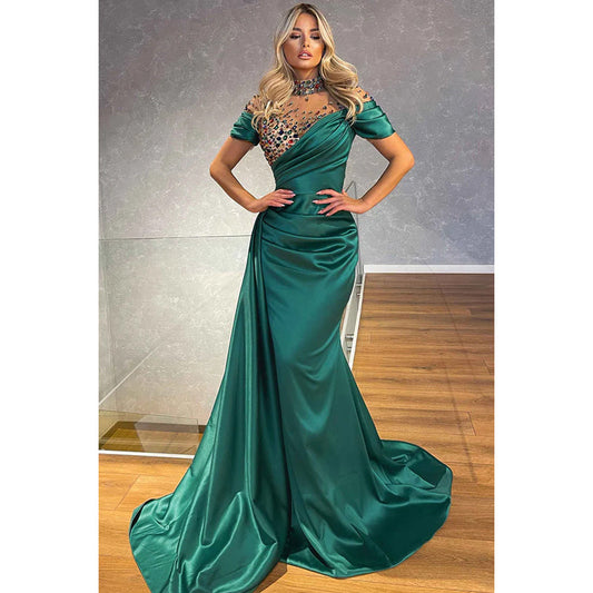 Elegant Luxurious High neck Short Sleeves Mermaid Ruched Formal Prom Dress With Jewel