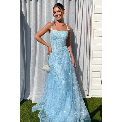 Spaghetti Straps Lace Appliqued Tulle A-Line Long Prom Gown