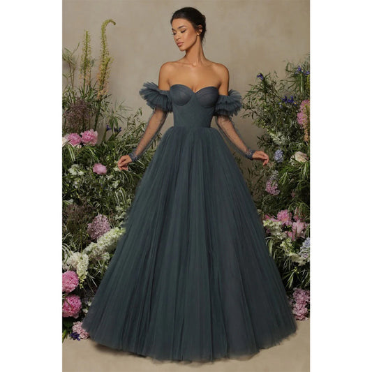 Ball Gown Sweetheart Long Sleeves Tulle Long Formal Evening Gown