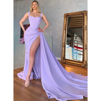 Spaghetti Straps Two Piece Lilac High Slit Long Prom Evening Gowns