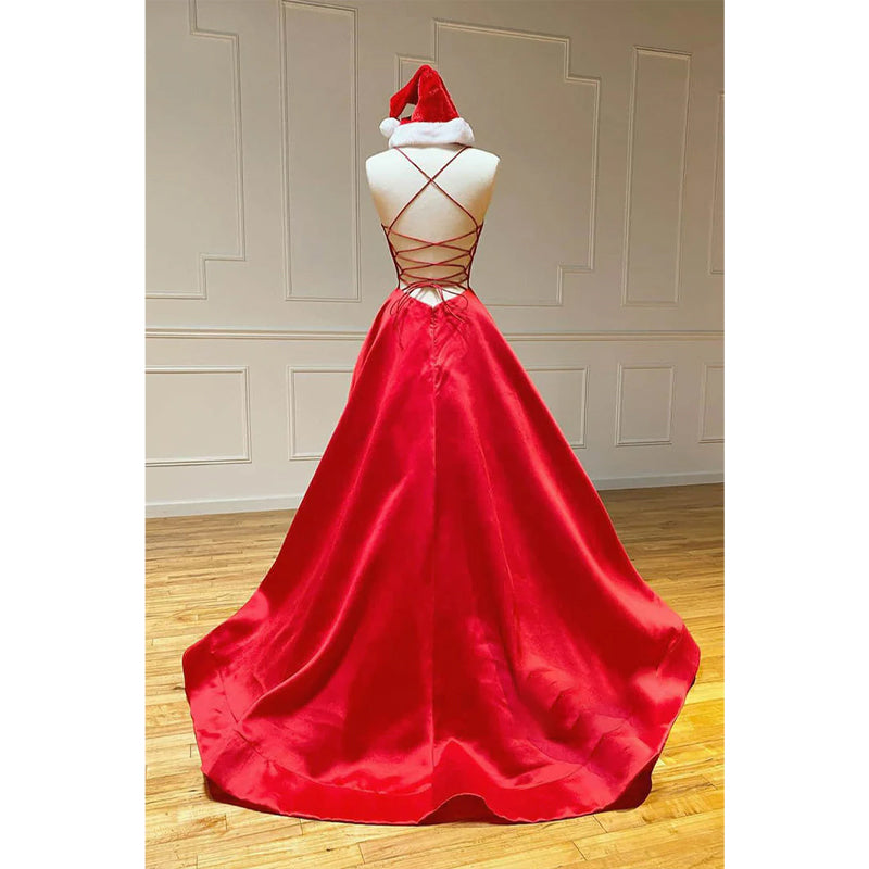 Red Satin V-neck Spaghetti Straps Simple Prom Dress with Pockets