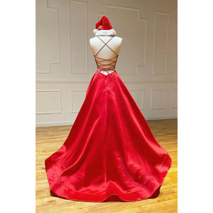 Red Satin V-neck Spaghetti Straps Simple Prom Dress with Pockets