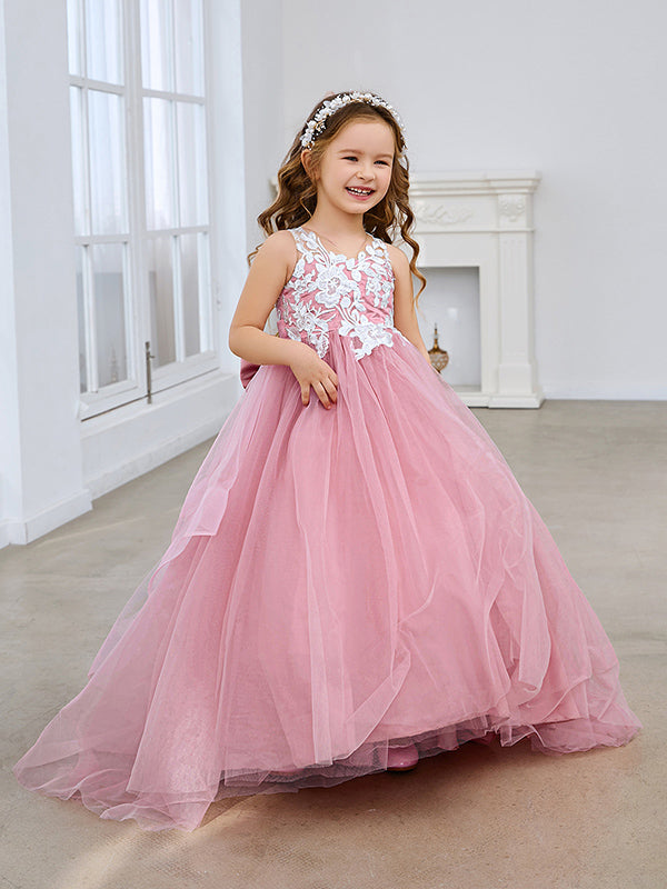 Princess Sleeveless Tulle Flower Girl Dress with Lace and Bow Pink (010224320)