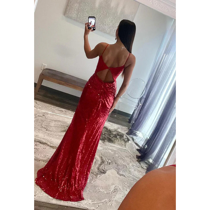 Sexy & Hot Red Sequins Spaghetti Straps V-Neck Sheath Backless Slit Evening Party Prom Dress