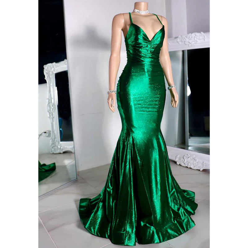 Trumpet V-neck Spaghetti Straps Prom Evening Dress for Black Girls