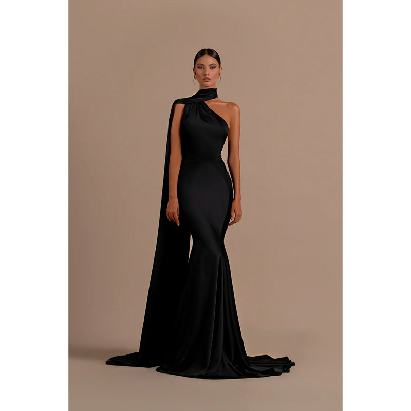 Unique Halter Pleats Black Long Formal Party Dress