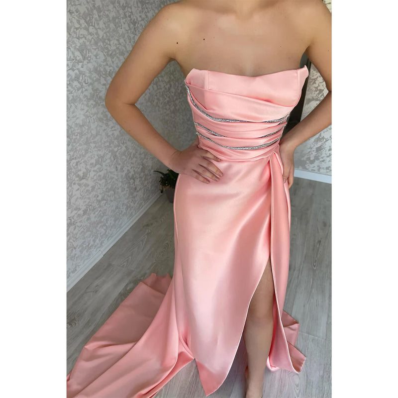 Strapless Beads High Split Pink Long Prom Formal Dress