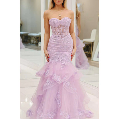 Trumpet Sweetheart Lace Applique with Tulle Train Party Prom Evening Dress