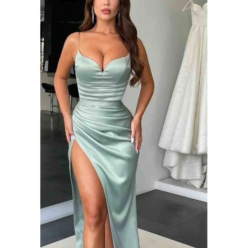 Spaghetti Straps Ruched Long Prom Evening Dress With Slit