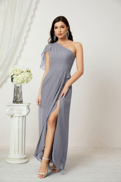 Numbersea Chiffon Ruffled One Shoulder Long Bridesmaid Dresses A-line Formal Evening Gown Side Split 2809-numbersea