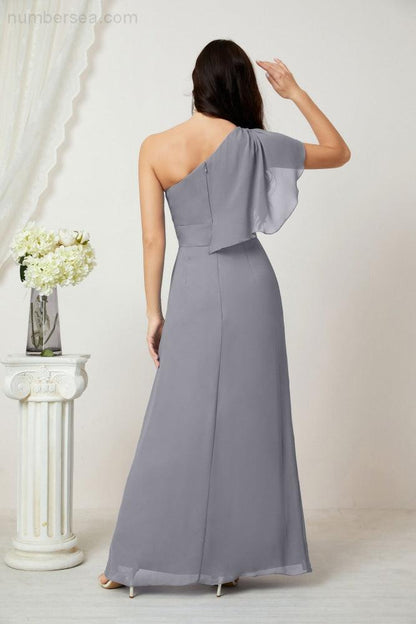 Numbersea Chiffon Ruffled One Shoulder Long Bridesmaid Dresses A-line Formal Evening Gown Side Split 2809-numbersea