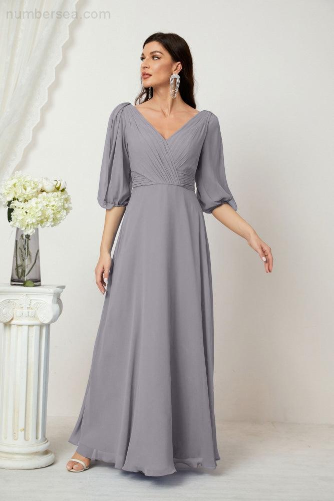 Numbersea Formal Prom Gown Women V-Neck Chiffon Bridesmaid Dresses Long Bishop Sleeve Party Dress 2807-numbersea