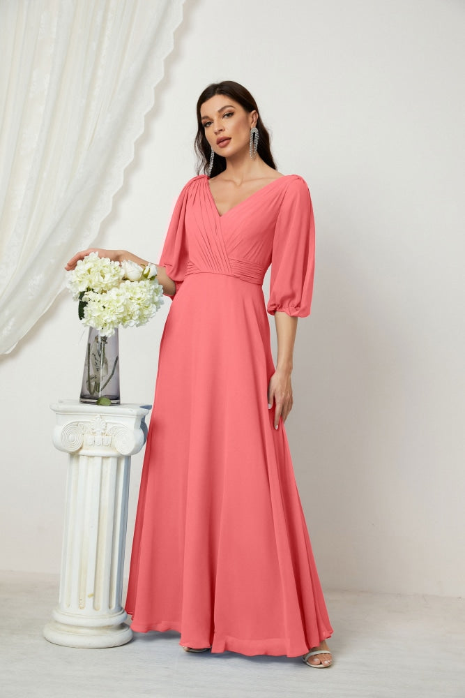 Numbersea Formal Prom Gown Women V-Neck Chiffon Bridesmaid Dresses Long Bishop Sleeve Party Dress 2807-numbersea