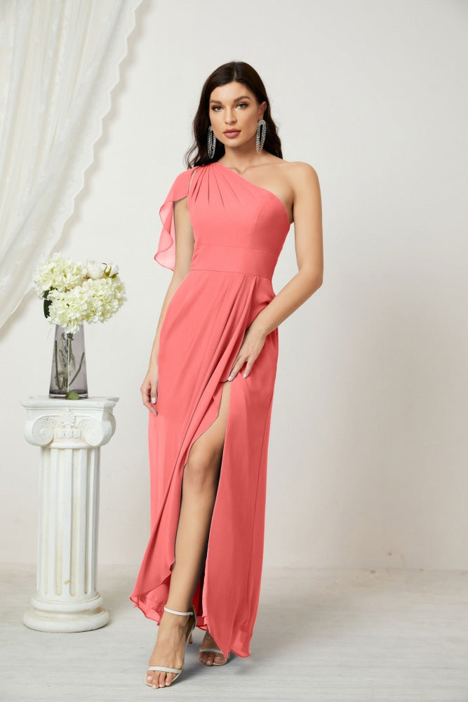 Numbersea Chiffon Ruffled One Shoulder Long Bridesmaid Dresses A-line Formal Evening Gown Side Split 2809-numbersea