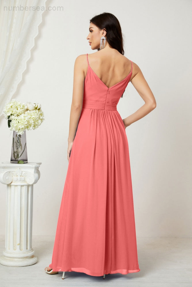 Numbersea Chiffon V-Neck Bridesmaid Dress Spaghetti Strap Long Formal Party Prom Gowns with Slit 28010-numbersea