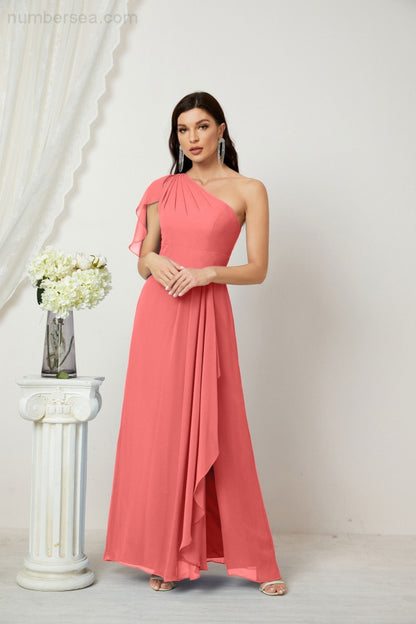 Numbersea Chiffon Ruffled One Shoulder Long Bridesmaid Dresses A-line Formal Evening Gown Side Split 2809-numbersea