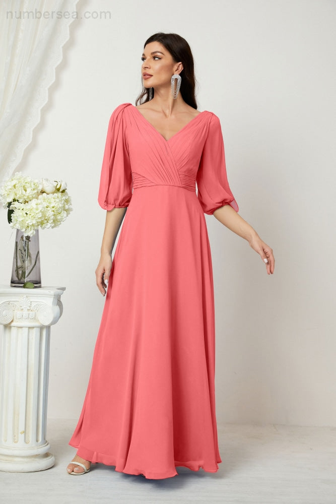 Numbersea Formal Prom Gown Women V-Neck Chiffon Bridesmaid Dresses Long Bishop Sleeve Party Dress 2807-numbersea